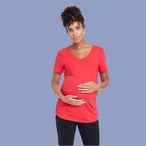 Red/orange short sleeve v-neck tee with a relaxed fit, perfect for pregnancy.